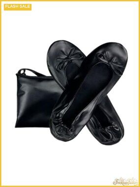 Foldable Ballet Flats for Women, PU Leather Bow Design, Pointed Toe, Travel &
